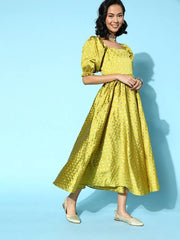 Women Neon Green Brocade Woven Self Design Dress - Inddus.com