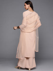 Women Nude-Coloured Striped Sequinned Kurta with Palazzos & With Dupatta - Inddus.com