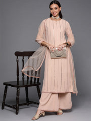 Women Nude-Coloured Striped Sequinned Kurta with Palazzos & With Dupatta - Inddus.com