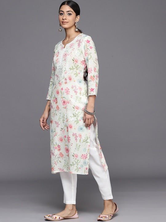 Women Off White Floral Embroidered Regular Chikankari Kurta with Trousers - Inddus.com