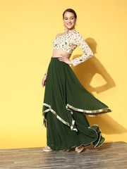 Women Off White & Green Embroidered One Shoulder Top With Skirt - Inddus.com