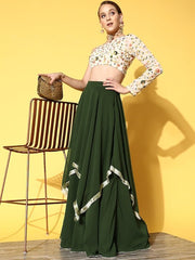 Women Off White & Green Embroidered One Shoulder Top With Skirt - Inddus.com