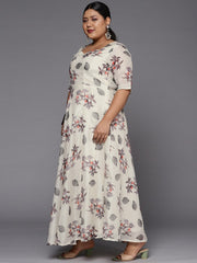 Women Off White & Grey Floral Printed Plus Size Anarkali Kurta With Dupatta - Inddus.com