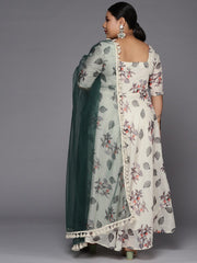 Women Off White & Grey Floral Printed Plus Size Anarkali Kurta With Dupatta - Inddus.com