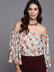 Women Off-White & Red Floral Printed Bardot Top - Inddus.com