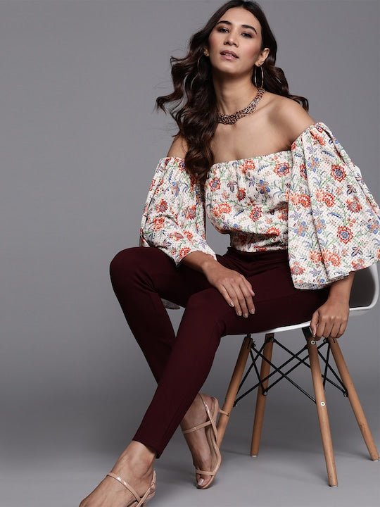 Women Off-White & Red Floral Printed Bardot Top - Inddus.com