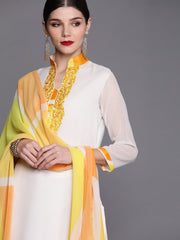Women Off White & Yellow Embroidered Kurta with Palazzos & Dupatta - Inddus.com