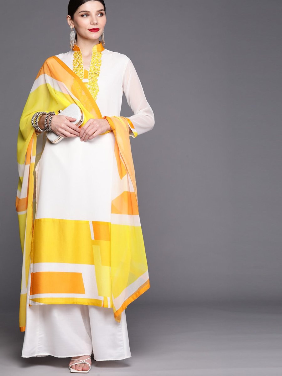 Women Off White & Yellow Embroidered Kurta with Palazzos & Dupatta - Inddus.com