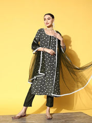 Women Olive Green Embroidered Thread Work Kurta with Trousers & With Dupatta - Inddus.com
