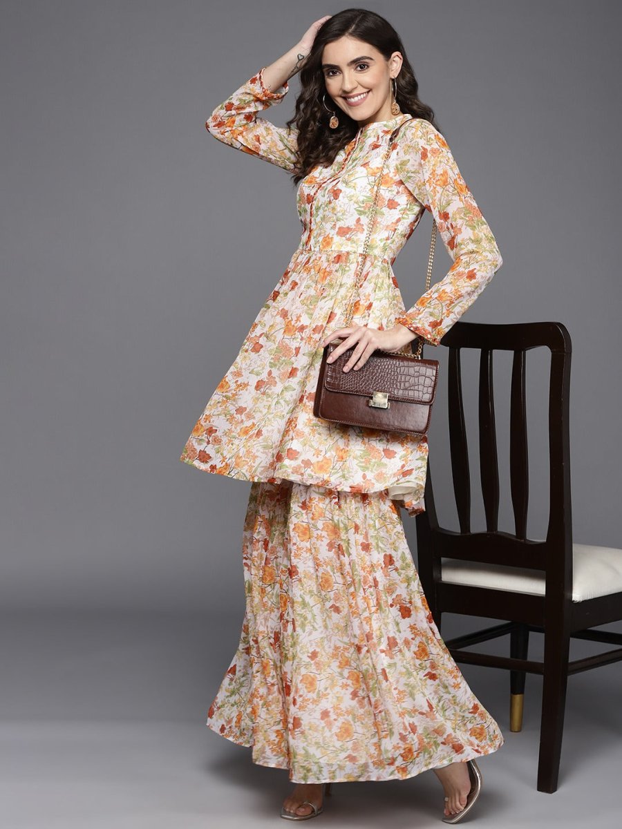 Women Orange Floral Printed Kurta with Sharara - Inddus.com