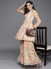 Women Orange Floral Printed Kurta with Sharara - Inddus.com