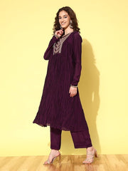 Women Paisley Yoke Design Pleated Kurta with Trousers & With Dupatta - Inddus.com