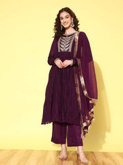 Women Paisley Yoke Design Pleated Kurta with Trousers & With Dupatta - Inddus.com