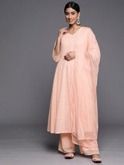 Women Peach-Coloured Embroidered Chikankari Kurta with Palazzos & With Dupatta - Inddus.com