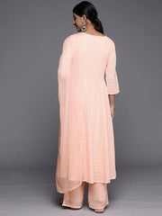 Women Peach-Coloured Embroidered Chikankari Kurta with Palazzos & With Dupatta - Inddus.com