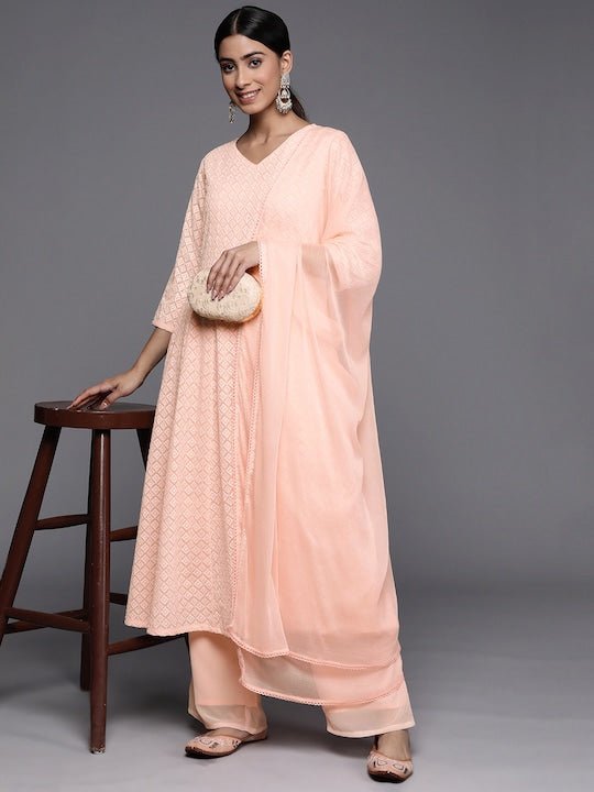 Women Peach-Coloured Embroidered Chikankari Kurta with Palazzos & With Dupatta - Inddus.com