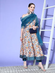 Women Peach-Coloured Floral Printed Regular Kurta with Trousers & With Dupatta - Inddus.com