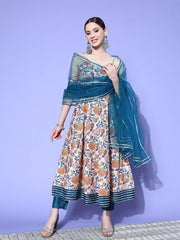 Women Peach-Coloured Floral Printed Regular Kurta with Trousers & With Dupatta - Inddus.com