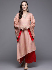 Women Peach-Coloured & Gold-Toned Geometric Design Flared Sleeves Kurta - Inddus.com