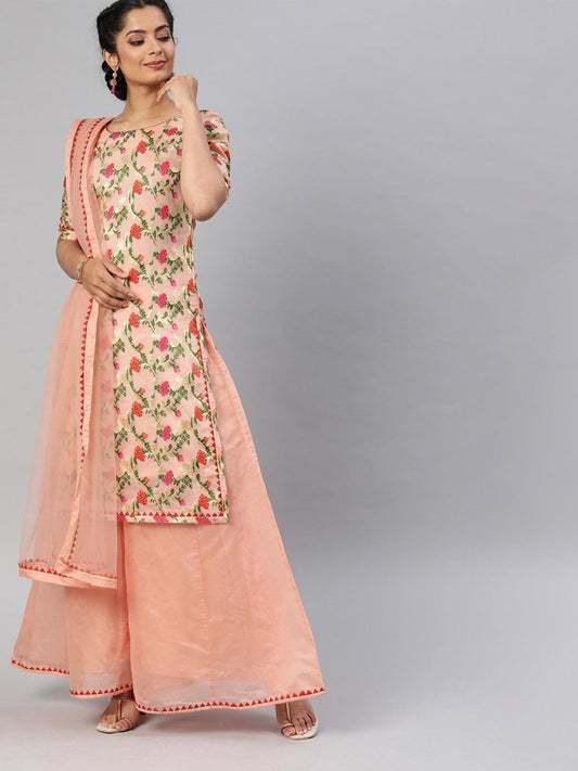 Women Peach-Coloured & Golden Woven Kurta Set - Inddus.com