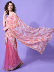 Women Peach-Coloured & Pink Printed Floral Saree - Inddus.com