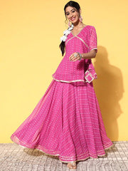 Women Pink Bandhani Printed Tie up Top Skirt - Inddus.com