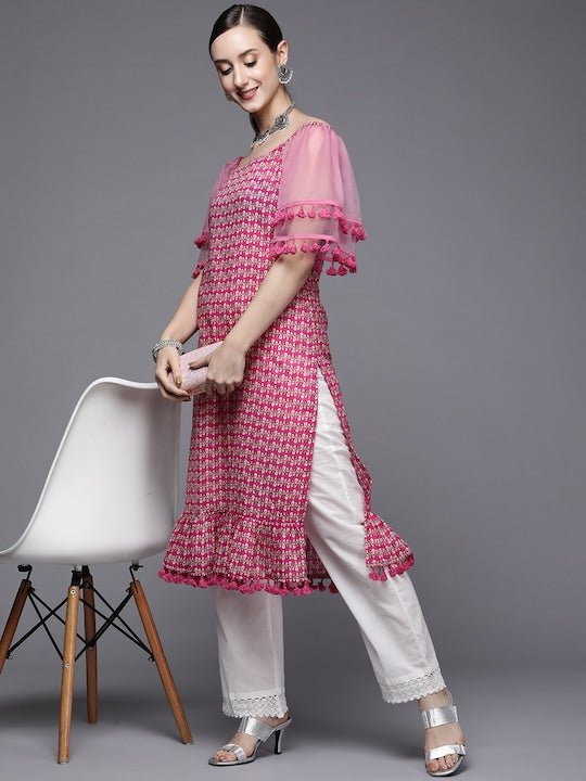 Women Pink & Beige Ethnic Motifs Printed Flared Sleeves Lace Frills Bows and Ruffles Kurta - Inddus.com