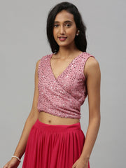 Women Pink Embellished Ethnic Crop Wrap Top With Tie-Ups