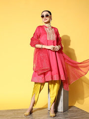 Women Pink Embroidered Kurta with Dhoti Pants & With Dupatta - Inddus.com