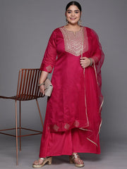 Women Pink Embroidered Kurta with Palazzos & With Dupatta - Inddus.com