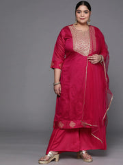 Women Pink Embroidered Kurta with Palazzos & With Dupatta - Inddus.com