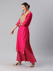 Women Pink Embroidered Palazzo Suit - inddus-us