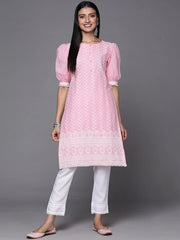 Women Pink Embroidered Thread Work Kurta and Trouser - Inddus.com