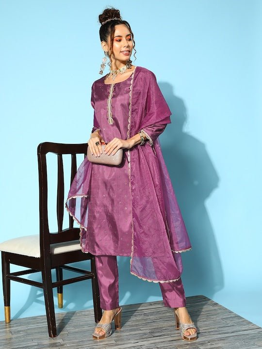 Women Pink Ethnic Motifs Embroidered Sequinned Kurta With Trousers & Dupatta - Inddus.com