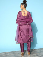 Women Pink Ethnic Motifs Embroidered Sequinned Kurta With Trousers & Dupatta - Inddus.com