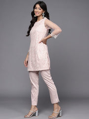 Women Pink Ethnic Motifs Embroidered Thread Work Kurta with Trousers - Inddus.com