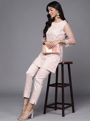 Women Pink Ethnic Motifs Embroidered Thread Work Kurta with Trousers - Inddus.com