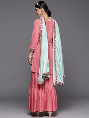 Women Pink Ethnic Motifs Embroidered Velvet Kurta with Sharara & Dupatta - Inddus.com