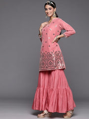 Women Pink Ethnic Motifs Embroidered Velvet Kurta with Sharara & Dupatta - Inddus.com