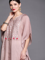 Women Pink Ethnic Motifs Yoke Design Extended Sleeves Gotta Patti Kaftan Kurta - Inddus.com