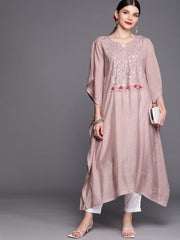 Women Pink Ethnic Motifs Yoke Design Extended Sleeves Gotta Patti Kaftan Kurta - Inddus.com