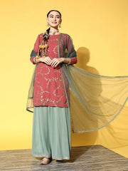 Women Pink Floral Embroidered Kurta with Palazzos & With Dupatta - Inddus.com