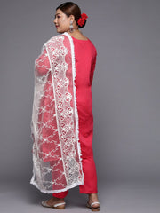 Women Pink Floral Embroidered Kurta with Trousers & Dupatta - Inddus.com