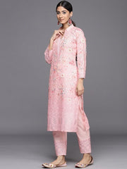 Women Pink Floral Embroidered Regular Chikankari Kurta with Trousers - Inddus.com