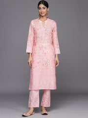 Women Pink Floral Embroidered Regular Chikankari Kurta with Trousers - Inddus.com