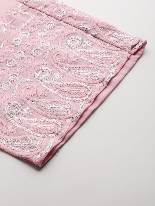 Women Pink Floral Embroidered Regular Chikankari Kurta with Trousers - Inddus.com