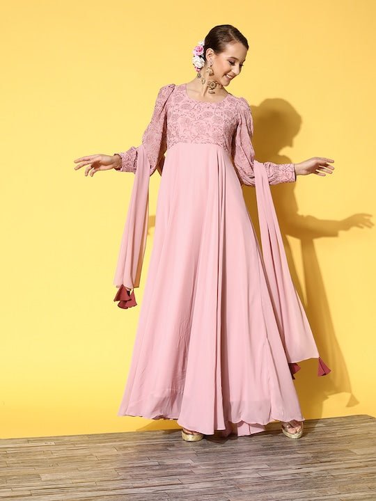 Women Pink Floral Embroidered Thread Work Georgette Anarkali Kurta With Dupatta - Inddus.com