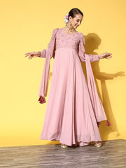 Women Pink Floral Embroidered Thread Work Georgette Anarkali Kurta With Dupatta - Inddus.com