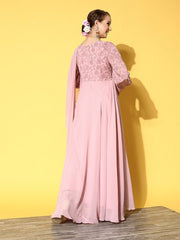 Women Pink Floral Embroidered Thread Work Georgette Anarkali Kurta With Dupatta - Inddus.com