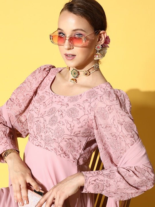 Women Pink Floral Embroidered Thread Work Georgette Anarkali Kurta With Dupatta - Inddus.com
